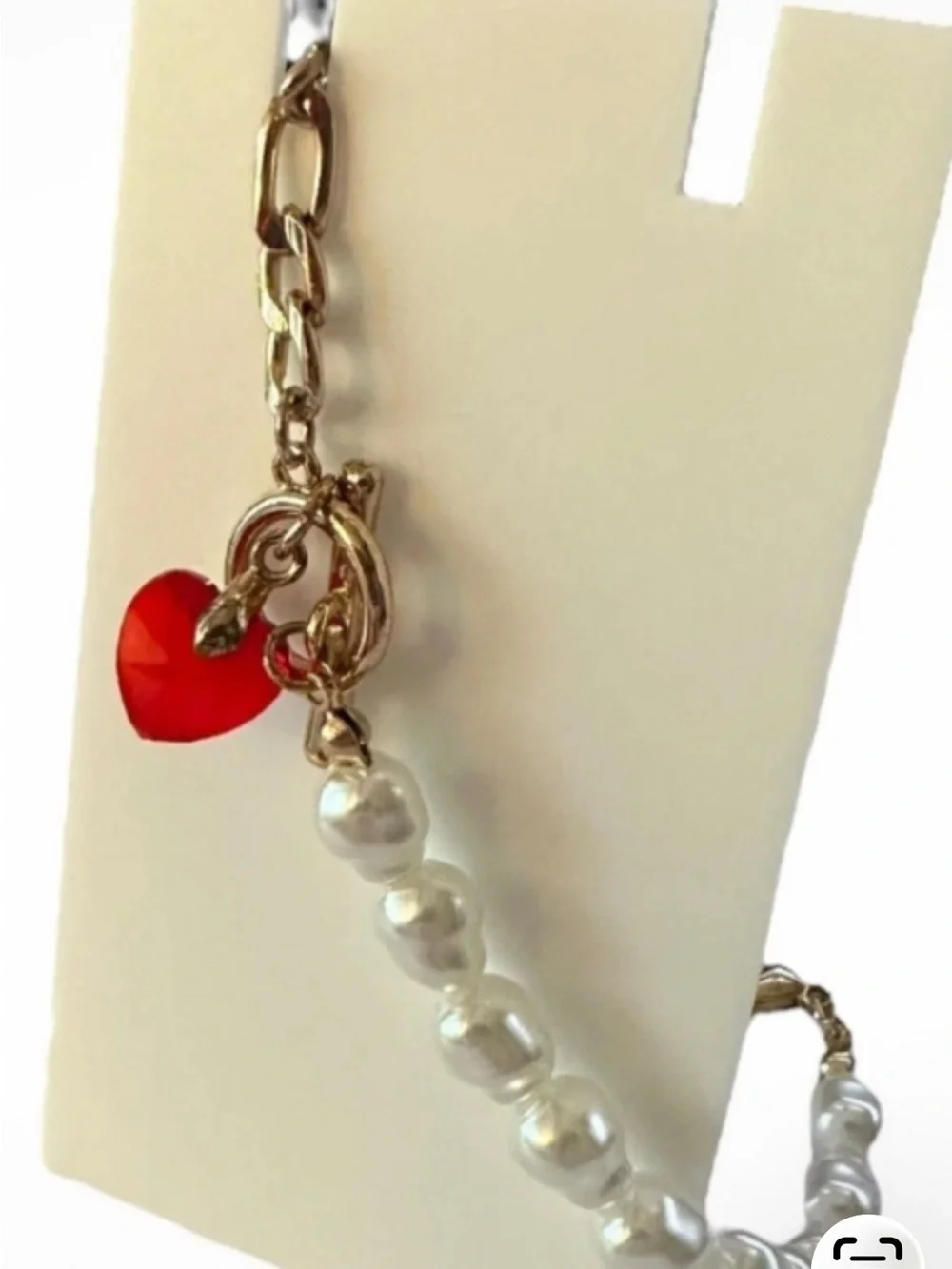 Gold Chain Pearl Bracelet with Red Heart Charm
